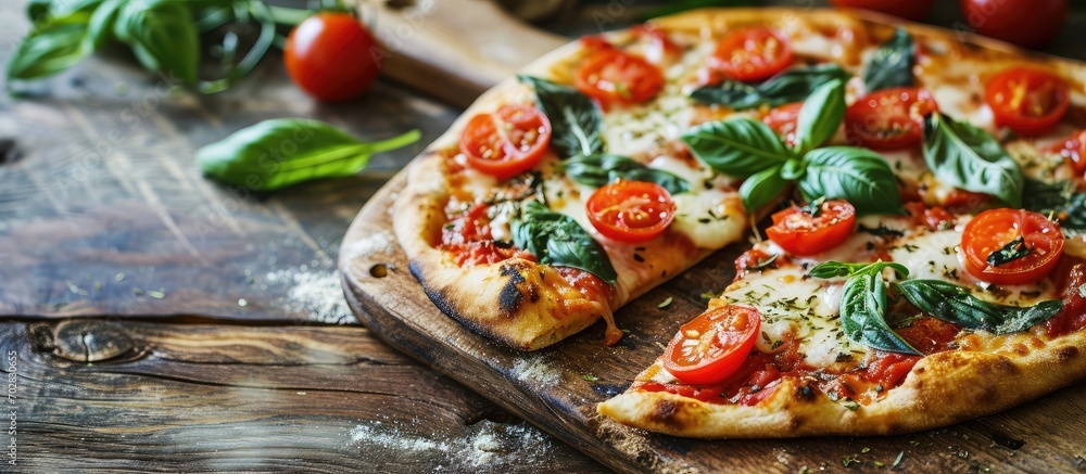 Poster Homemade Margarita Flatbread Pizza with Tomato and Basil. with copy space image. Place for adding text or design