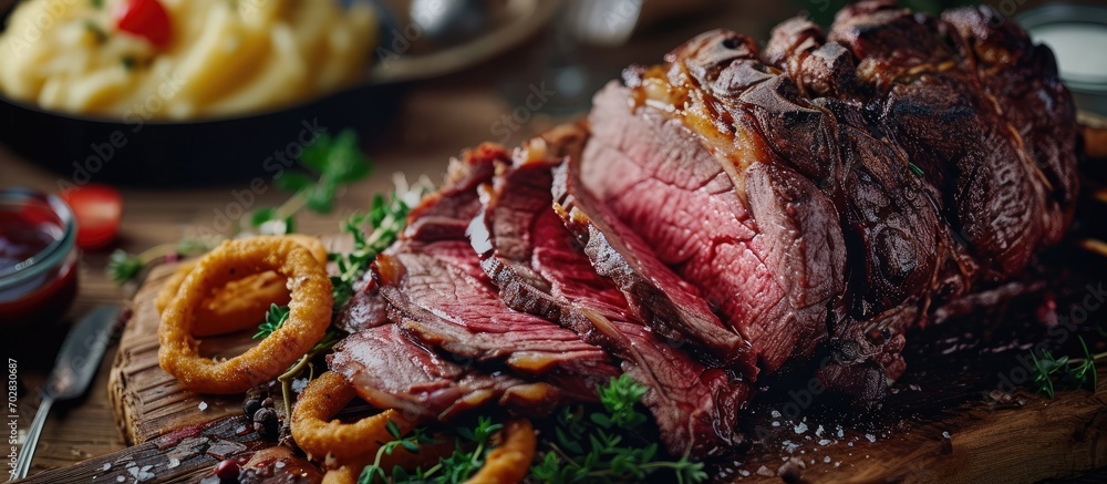 Poster Modern style barbecue dry aged sliced roast beef with fried onion rings and mashed potatoes as closeup on a plate. with copy space image. Place for adding text or design