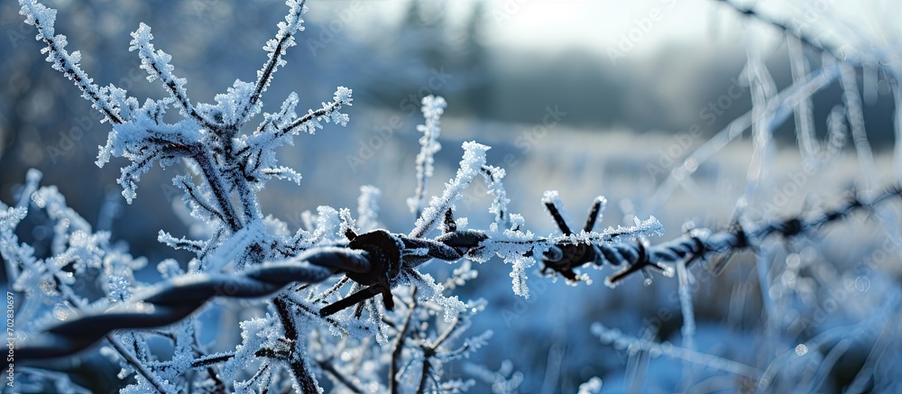 Leinwandbilder icicles on barbed wire fence during freezing cold temperatures in winter season on farm. with copy s