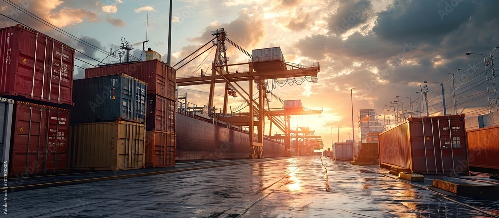 Poster Heavy Shipment Box Loading into Cargo Container Truck Parked Loading at Dock Warehouse. with copy space image. Place for adding text or design