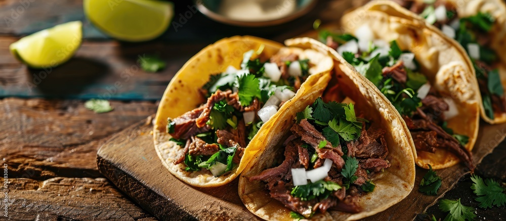 Poster Lengua chow beef tongue 3 street tacos Mexican with cilantro lime wedge and onions. with copy space image. Place for adding text or design