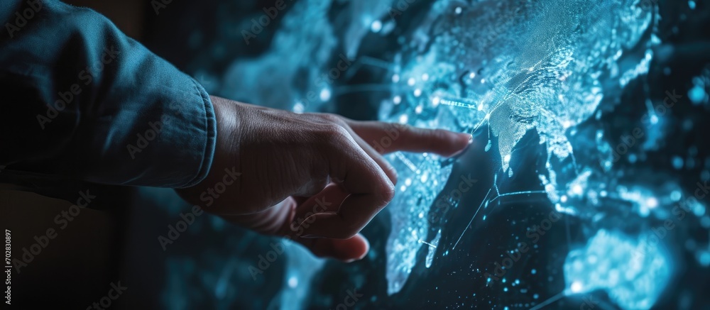 Poster Hand of Businessman touching hologram screen with world map background NLP Natural Language Processing cognitive computing technology concept. with copy space image. Place for adding text or design