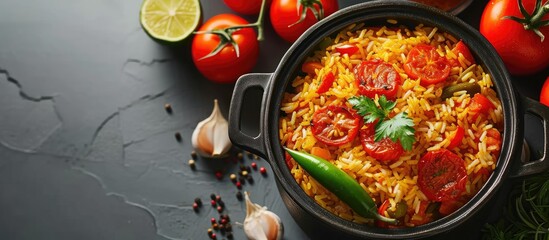 Large pot with Uzbek pilaf with tomatoes and green chilli peppers. with copy space image. Place for adding text or design