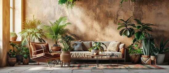 House with cozy boho ethnic interior in living room Green plants in flower pots decoration at home. with copy space image. Place for adding text or design