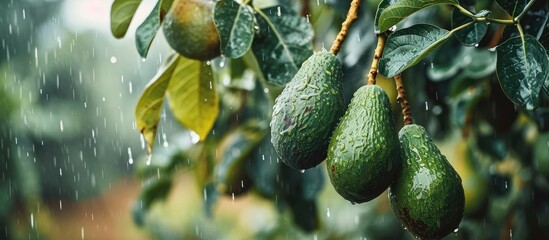 Hass Avocados fruit hanging from the tree in a rainy winter day. with copy space image. Place for adding text or design - obrazy, fototapety, plakaty