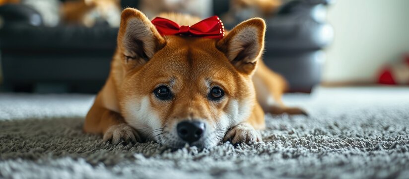 Happy Shiba inu dog wearing a red bow is lying on gray carpet in the living room. with copy space image. Place for adding text or design