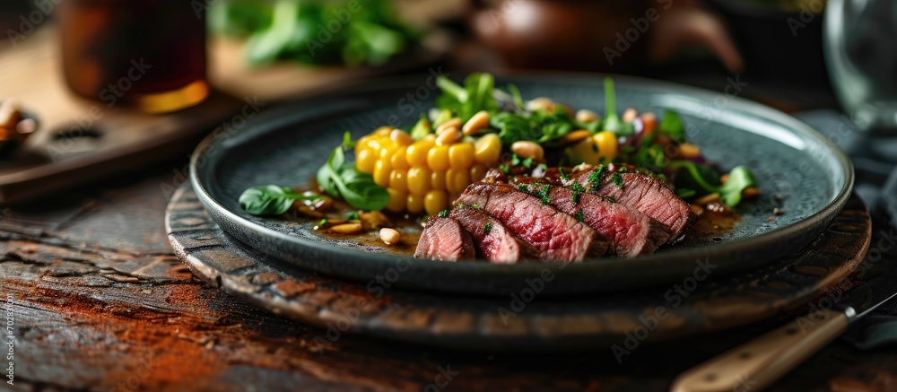 Poster Modern style traditional dry aged sliced wagyu roast beef with corn salad and pine nuts served as close up on a Nordic design plate. with copy space image. Place for adding text or design