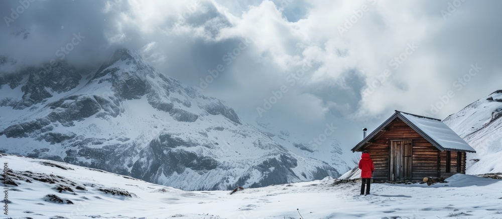 Poster Minimalistic winter landscape with wooden cabin and tourist in red jacket in snowy mountains Cloudy weather landscape photography. with copy space image. Place for adding text or design