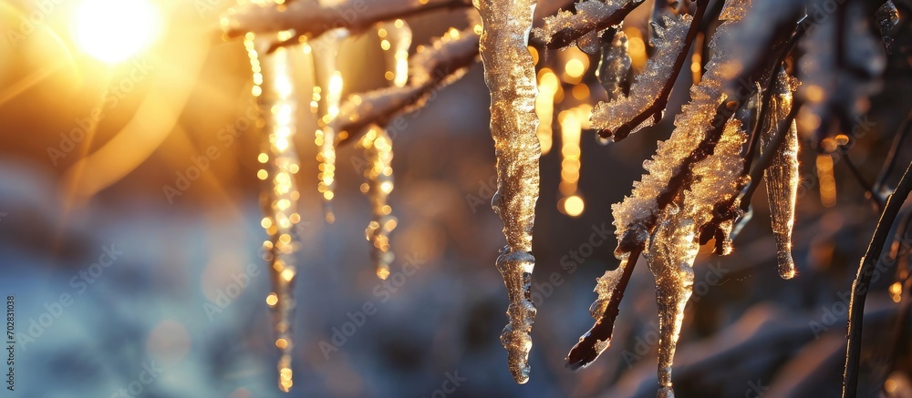 Poster melting icicles on the drainpipe against the bright sun. with copy space image. Place for adding text or design
