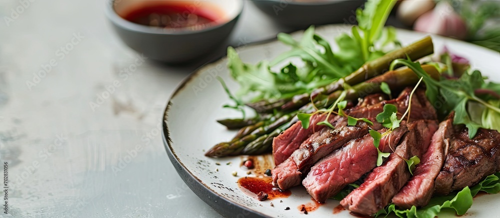 Poster Modern style barbecue dry aged wagyu roast beef steak with green asparagus and lettuce served as close up on a Nordic design plate. with copy space image. Place for adding text or design