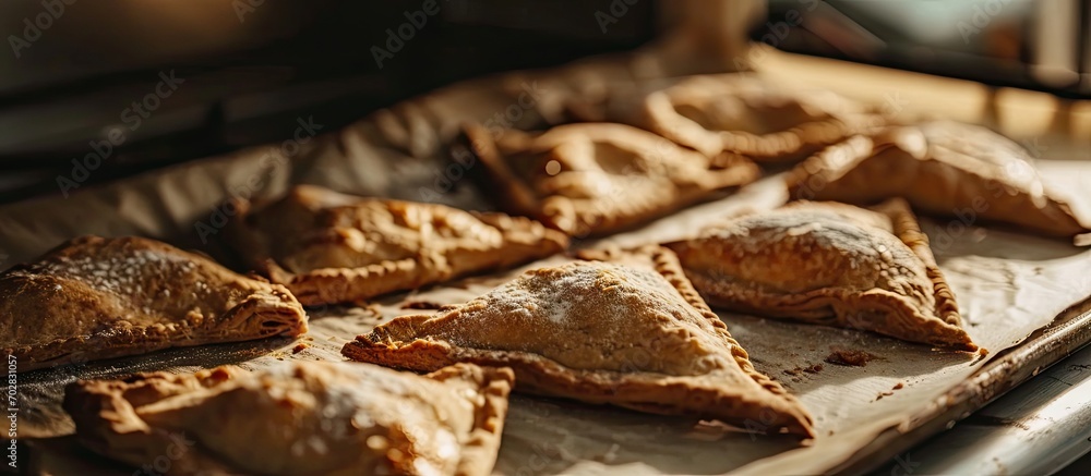 Aufkleber men s hands take out baked fresh triangular pies on a baking sheet with parchment from the oven clos