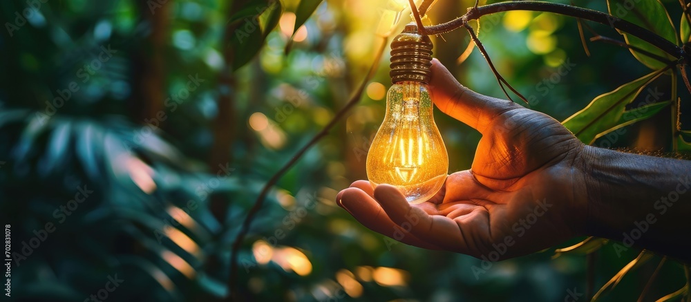 Aufkleber hand holding light bulb on tropical nature background ecology and environment concept energy of natu