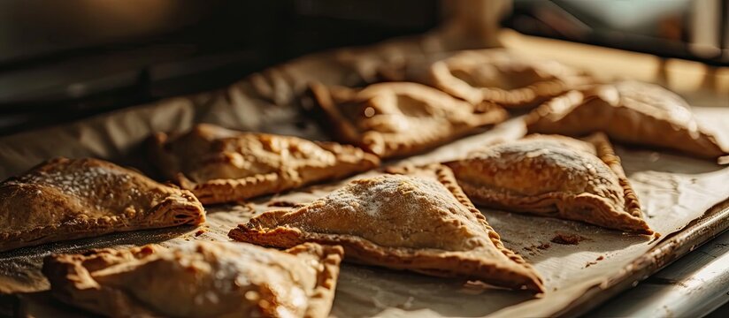 Men s hands take out baked fresh triangular pies on a baking sheet with parchment from the oven Close up Ready made hot ruddy pastries immediately from the oven. with copy space image