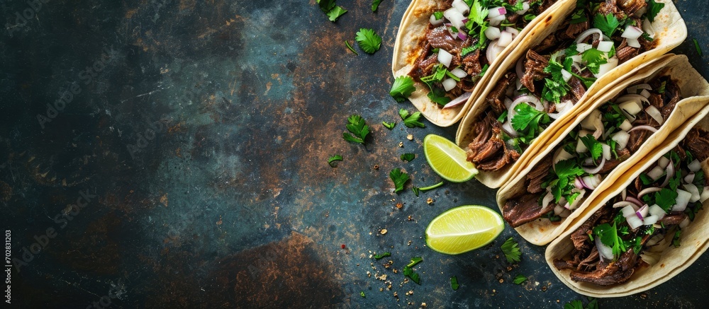 Poster Lengua chow beef tongue 3 street tacos Mexican with cilantro lime wedge and onions. with copy space image. Place for adding text or design