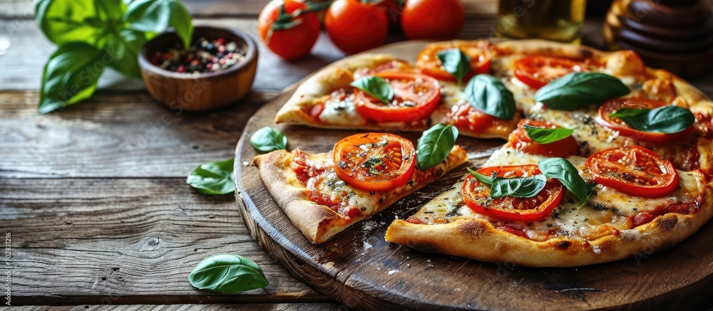 Poster Homemade Margarita Flatbread Pizza with Tomato and Basil. with copy space image. Place for adding text or design