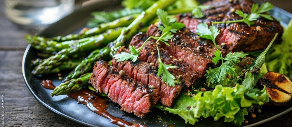 Poster Modern style barbecue dry aged wagyu roast beef steak with green asparagus and lettuce served as close up on a Nordic design plate. with copy space image. Place for adding text or design