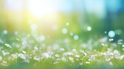 Beautiful daisy flowers on sunny spring meadow. Background with light bokeh and space for text. - obrazy, fototapety, plakaty