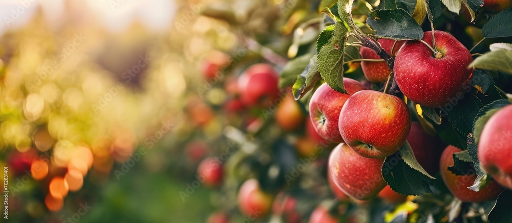 Poster large ripe apples clusters hanging heap on a tree branch in an intense apple orchard. with copy spac