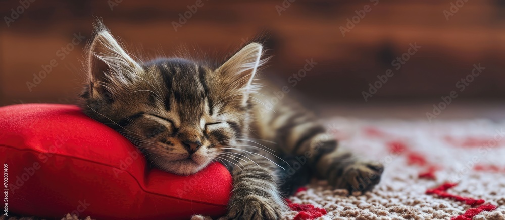 Poster Little kitten sleeping on the red heart shaped pillow. with copy space image. Place for adding text or design