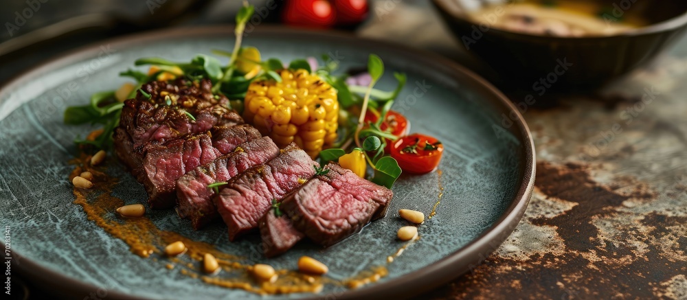 Poster Modern style traditional dry aged sliced wagyu roast beef with corn salad and pine nuts served as close up on a Nordic design plate. with copy space image. Place for adding text or design