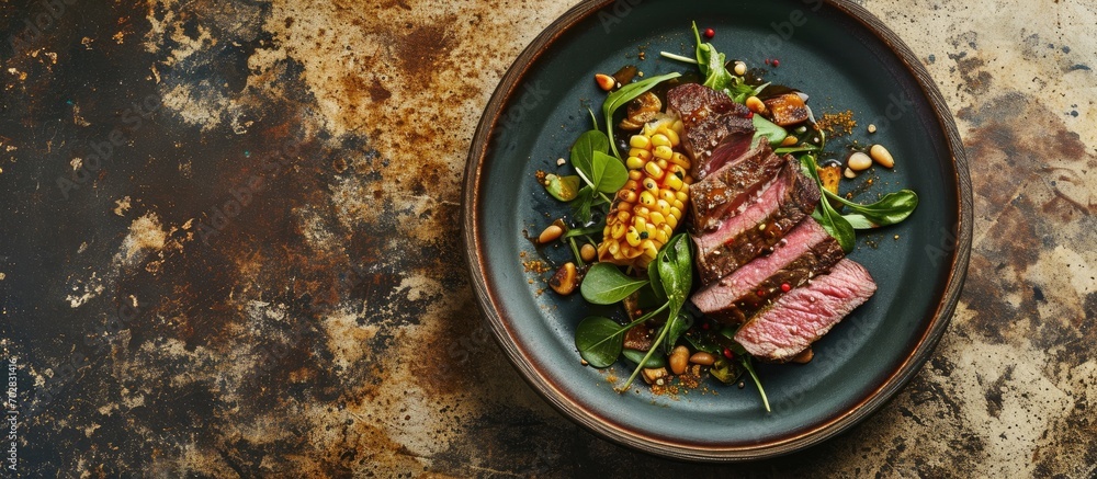 Poster Modern style traditional dry aged sliced wagyu roast beef with corn salad and pine nuts served as close up on a Nordic design plate. with copy space image. Place for adding text or design