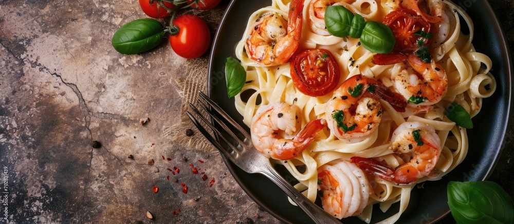 Poster Italian pasta fettuccine in a creamy sauce with shrimp and tomato. with copy space image. Place for adding text or design