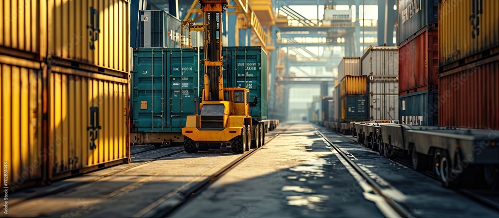 Poster Heavy Shipment Box Loading into Cargo Container Truck Parked Loading at Dock Warehouse. with copy space image. Place for adding text or design