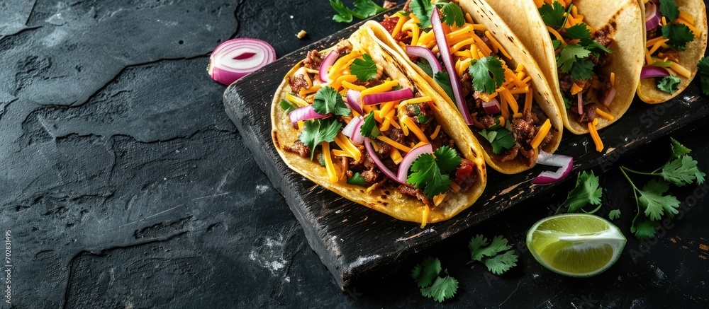 Poster homemade carne asada street tacos with cheese cilantro and onion. with copy space image. place for a