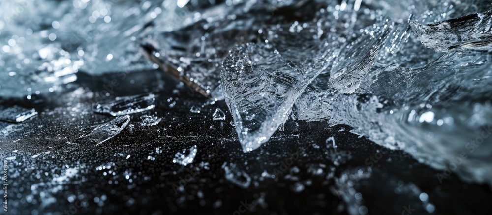 Leinwandbilder Hole in the ice a breakthrough on black background Shards of crushed ice spread away The explosion of ice Ice with cracks. with copy space image. Place for adding text or design