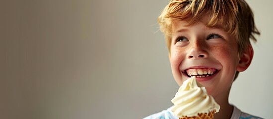 Image of a boy eating soft serve ice cream. with copy space image. Place for adding text or design - obrazy, fototapety, plakaty