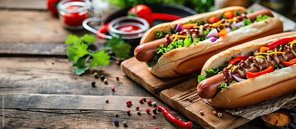 Poster Hot dogs on a wooden board surrounded by spices and vegetables such as tomatoes peppers and onions. with copy space image. Place for adding text or design