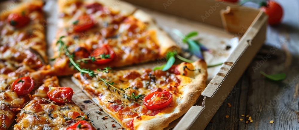Aufkleber leftovers slices of homemade vegetarian pizza in box from above. with copy space image. Place for adding text or design