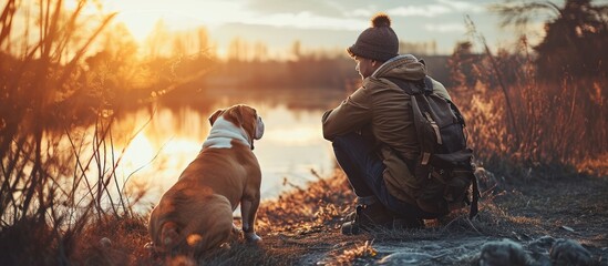 Happy man holding up a bulldog Horizontal view of man with pet outdoors Lifestyle with animals. with copy space image. Place for adding text or design - obrazy, fototapety, plakaty