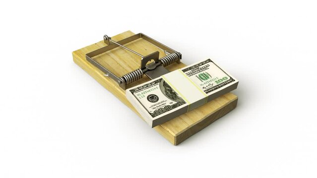 US dollars in a mousetrap. Financial trap concept. The video contains an alpha mask.