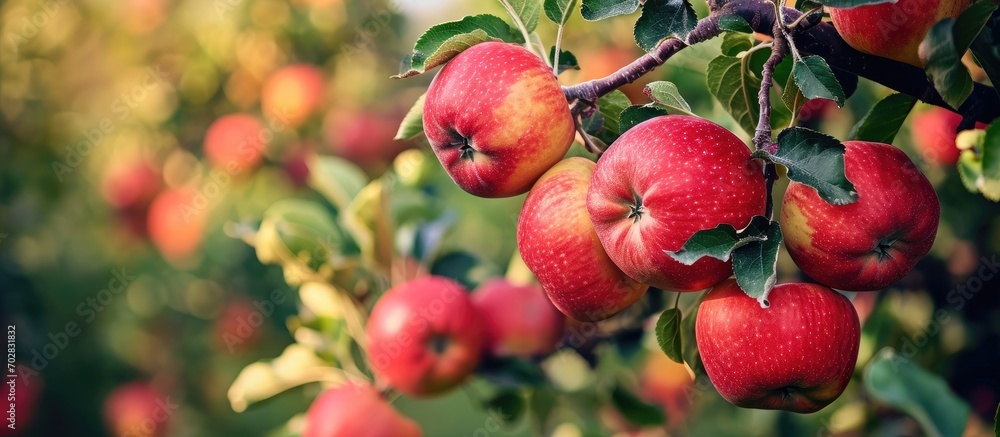 Poster large ripe apples clusters hanging heap on a tree branch in an intense apple orchard. with copy spac