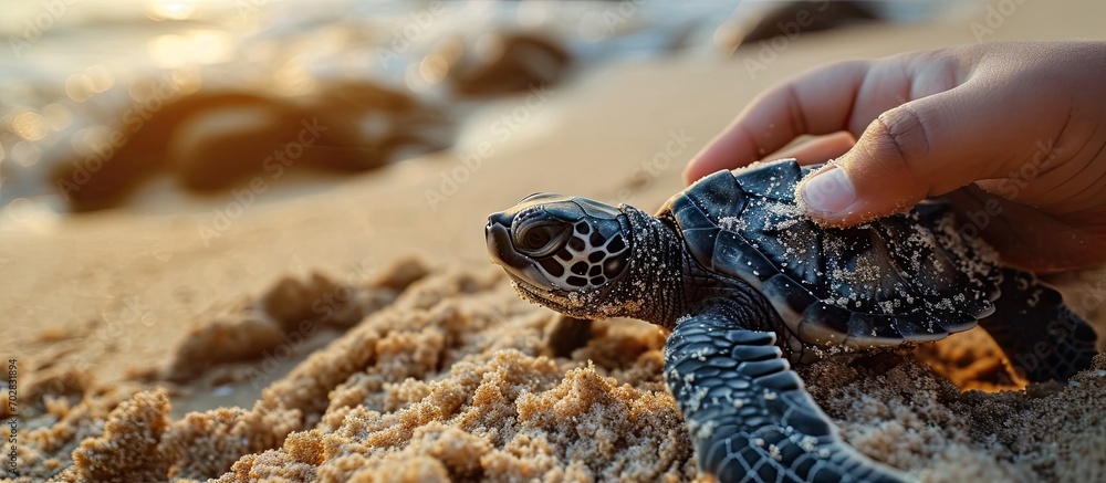 Poster Hand holds up a baby sea turtle egg in Sri Lanka. with copy space image. Place for adding text or design