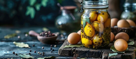 Homemade pickled eggs with apple vinegar coriander seeds bay leaves black peppercorn in a glass jar. with copy space image. Place for adding text or design - obrazy, fototapety, plakaty
