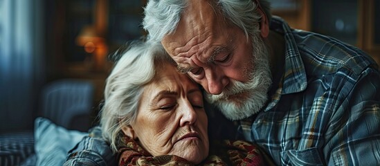 Obraz premium Loving mature wife giving comfort support empathy to frustrated desperate senior husband Old couple talking about bad news cancer disease health financial problems. with copy space image