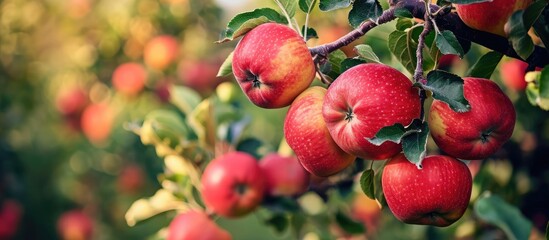 Obraz premium large ripe apples clusters hanging heap on a tree branch in an intense apple orchard. with copy space image. Place for adding text or design