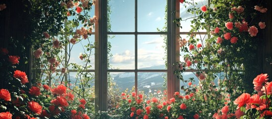 Fototapeta na wymiar Magic window with a fairy garden of roses. with copy space image. Place for adding text or design