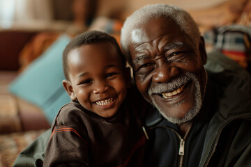 Obraz premium Happy black grandfather with his grandson in a living room