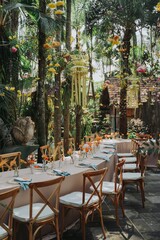 Arrangement decoration for intimate gathering with families or friends. Indonesian culture. Balinese, Javanese. Flower drops and hanging ornaments. Table setting. Long dinner table