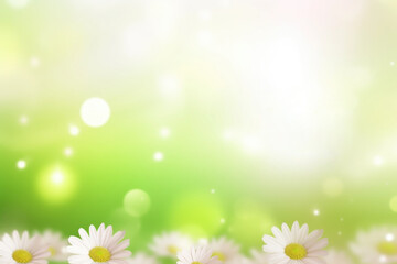 Fototapeta na wymiar Beautiful daisy flowers on sunny spring meadow. Background with light bokeh and space for text.