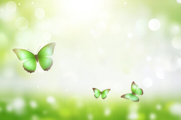 Green spring background with butterflies, bokeh lights and space for text