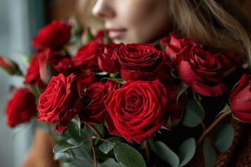 Vibrant Red Roses and Eucalyptus.
Vibrant red roses paired with eucalyptus leaves held by a woman.