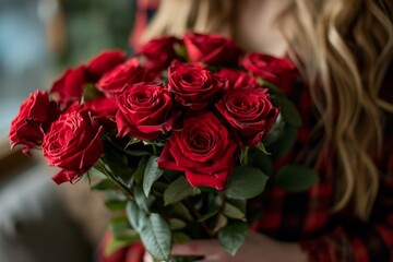 Close-Up of Red Roses Bouquet in Female Hands.
A woman's hands delicately holding a lush bouquet of red roses; focus on petals.