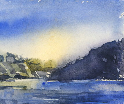Evening landscape with a river and mountains.  Sketch  watercolor.