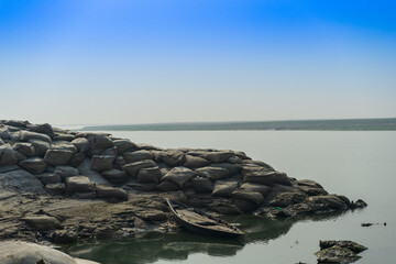 geobags sandbags to protect the riverbank from erosion, Bangladesh Padma River.