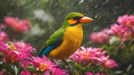 Create a Costa Rican the most bright bird in the flowers under the rain