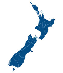 New Zealand map. Map of New Zealand in administrative provinces in blue color - obrazy, fototapety, plakaty